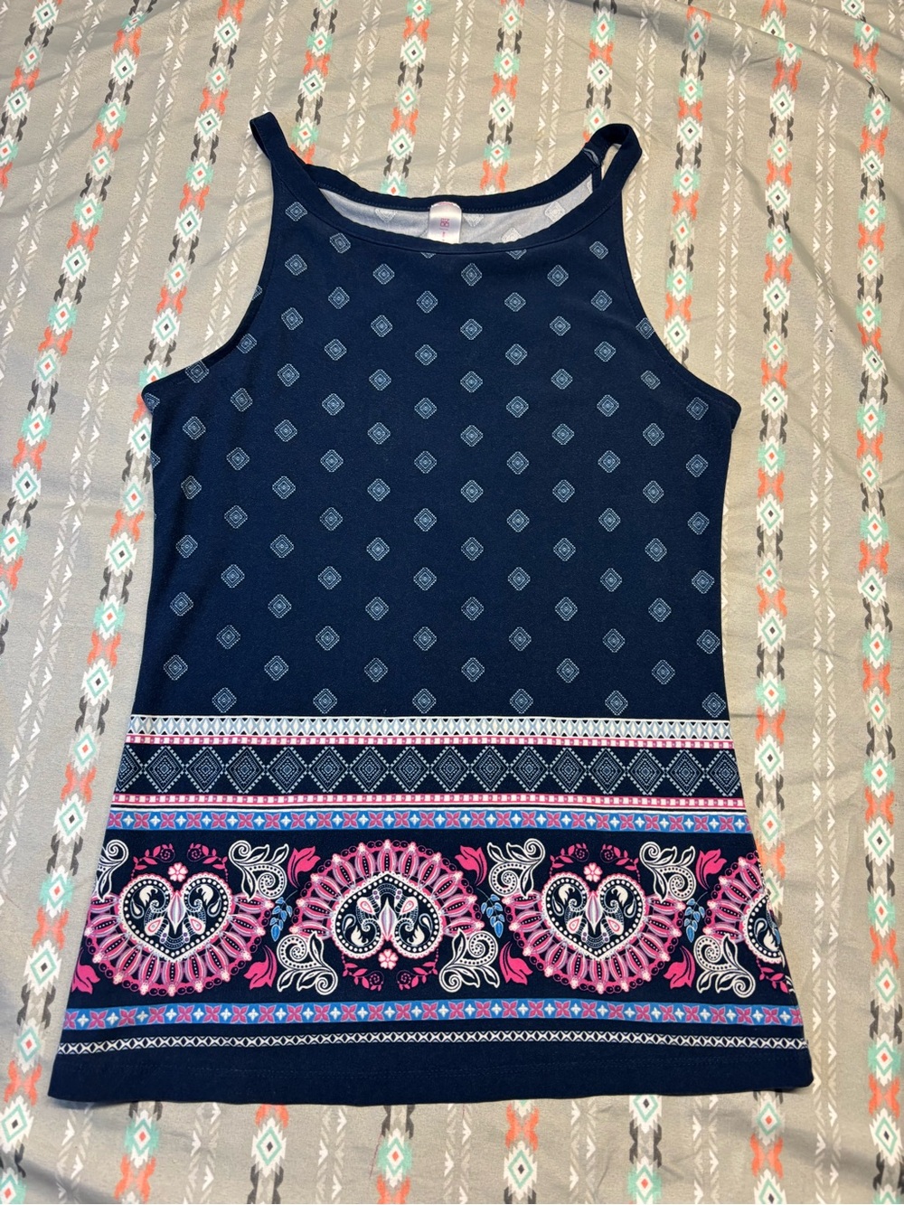 🍄Navy Tank Top with Pink and Light Blue Border Print